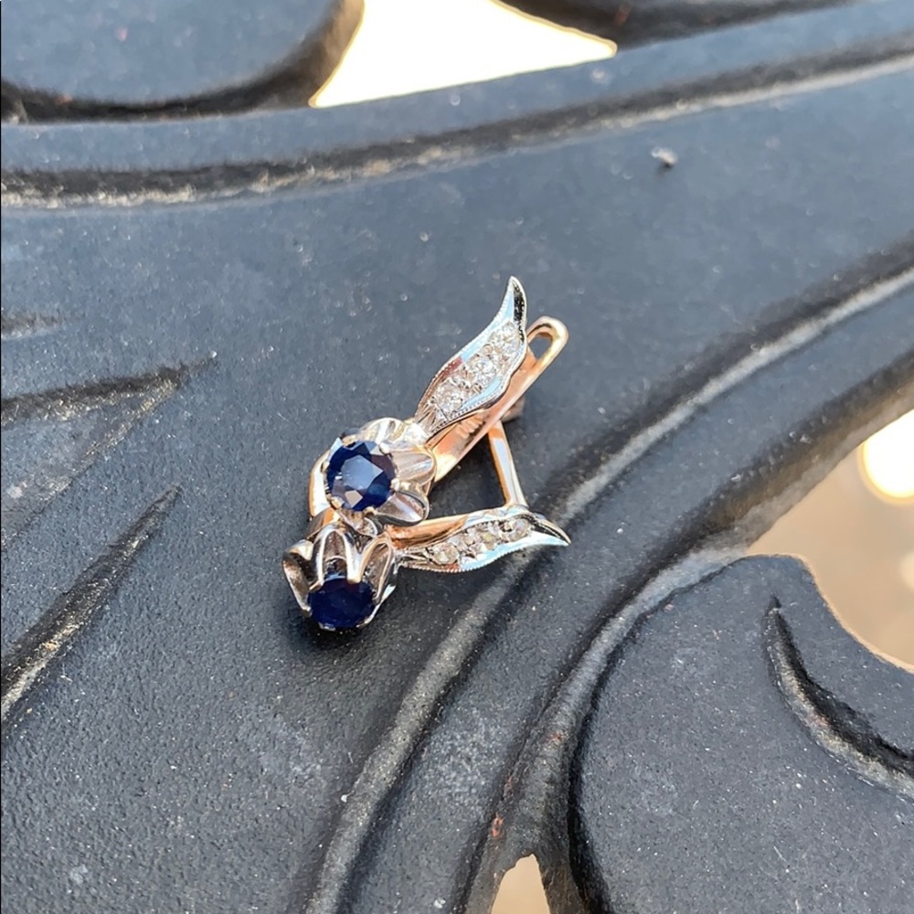 Russian 14k 583 gold diamond and sapphire earrings